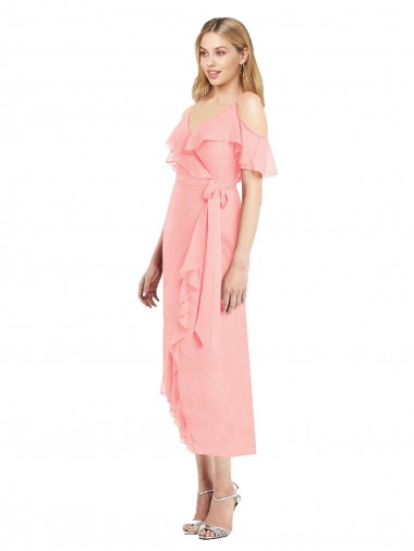 Cocktail Wrap Chiffon Bridesmaid Dress with Fluttering Ruffles for Sale
