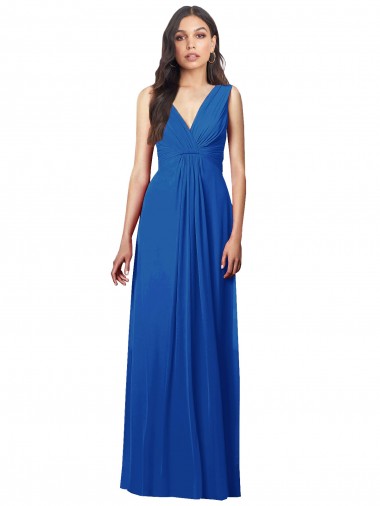 Draped V-Neck Shirred Chiffon Maxi Bridesmaid Dress for Sale