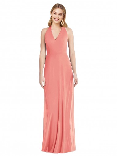 V-Neck Halter Chiffon Maxi Formal Bridesmaid Dress Open Back for Sale