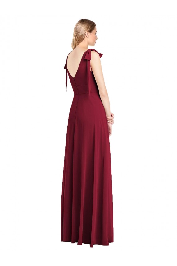 Full Length Bow-Shoulder V-Back Chiffon Bridesmaid Dress with Front Slit for Sale