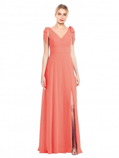 Full Length Bow-Shoulder V-Back Chiffon Bridesmaid Dress with Front Slit for Sale