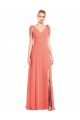 Full Length Bow-Shoulder V-Back Chiffon Bridesmaid Dress with Front Slit for Sale