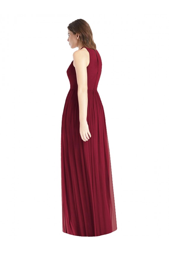 Shirred Skirt Jewel Neck Halter Chiffon Bridesmaid Dress with Front Slit for Sale