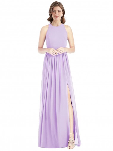 Shirred Skirt Jewel Neck Halter Chiffon Bridesmaid Dress with Front Slit for Sale