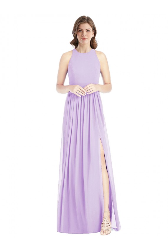 Shirred Skirt Jewel Neck Halter Chiffon Bridesmaid Dress with Front Slit for Sale