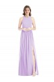 Shirred Skirt Jewel Neck Halter Chiffon Bridesmaid Dress with Front Slit for Sale