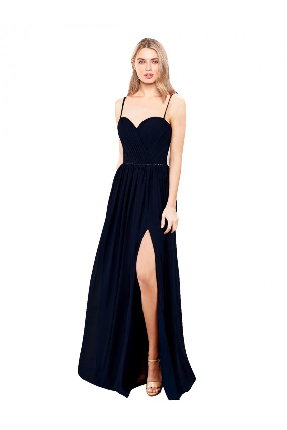 Draped A-Line Chiffon Formal Bridesmaid Dress with Spaghetti Straps and High Slit for Sale