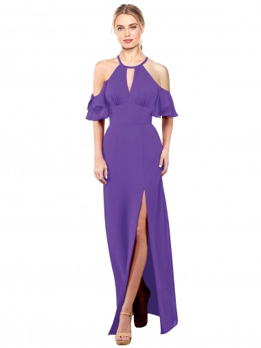 Slim A-Line Chiffon Bridesmaid Dress with Off The Shoulder Ruffle Sleeves for Sale