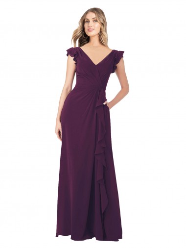 Ruffle Cap Sleeves Long Chiffon Bridesmaid Dress for Sale