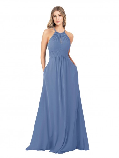 Draped High Neck Keyhole Back Bridesmaid Dress with Front Slit for Sale