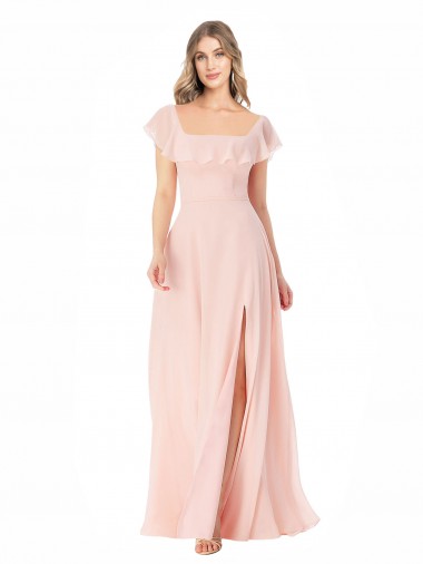 Flutter Cap Sleeves Square Neck Ruffle Chiffon Bridesmaid Dress with Pockets for Sale