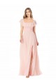 Flutter Cap Sleeves Square Neck Ruffle Chiffon Bridesmaid Dress with Pockets for Sale