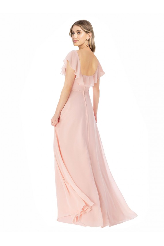 Flutter Cap Sleeves Square Neck Ruffle Chiffon Bridesmaid Dress with Pockets for Sale