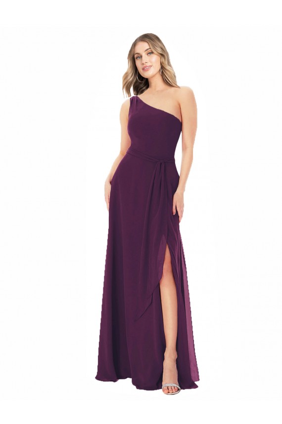 One Shoulder Chiffon Bridesmaid Dress with Tie Belt for Sale