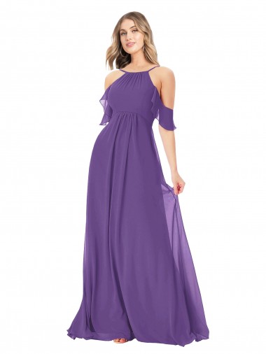 Cold Shoulder Flutter Sleeves Chiffon Bridesmaid Dress for Sale