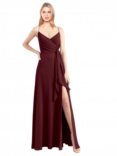 Spaghetti Straps V-Neck Long Chiffon Bridesmaid Dress with Side Slit for Sale