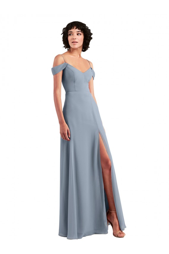 Off the Shoulder Folded Sleeve Long Chiffon Bridesmaid Dress with High Side Slit for Sale