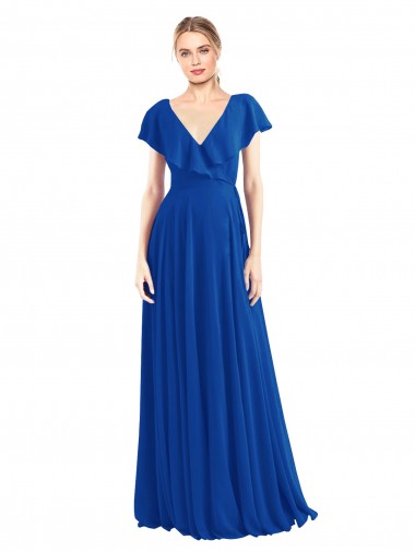 V-Neck A-Line Flutter Sleeves Long Chiffon Wrap Style Bridesmaid Dress for Sale