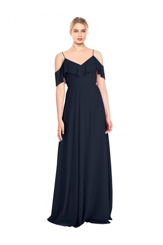 Draped Sleeves Flounce Neckline Long Chiffon Bridesmaid Dress with Spaghetti Straps for Sale