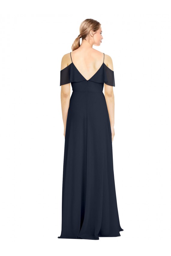 Draped Sleeves Flounce Neckline Long Chiffon Bridesmaid Dress with Spaghetti Straps for Sale