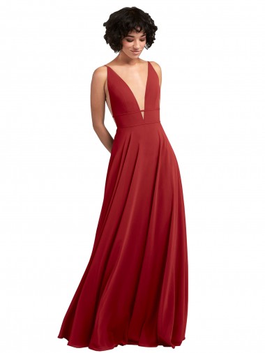 Fitted Plunging Deep V-Neck Long Chiffon Bridesmaid Dress with V-Back for Sale