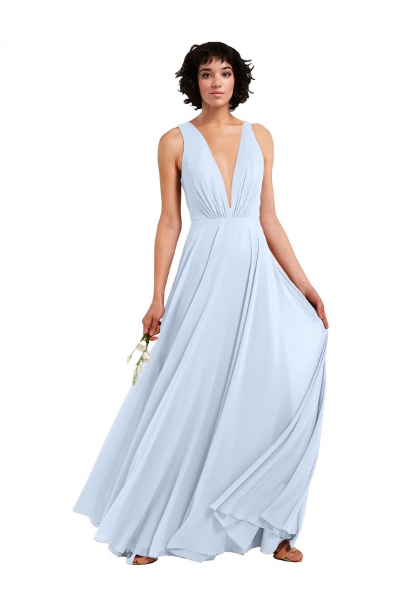 Daring Plunging V-Neck Long Chiffon Bridesmaid Dress with Pleated Bodice for Sale