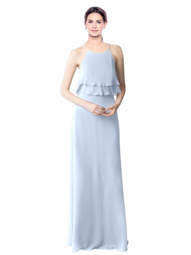 High Narrow Neck Long Chiffon Bridesmaid Dress with Tiered Ruffles for Sale