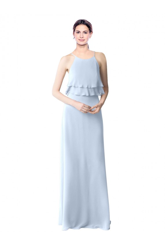 High Narrow Neck Long Chiffon Bridesmaid Dress with Tiered Ruffles for Sale