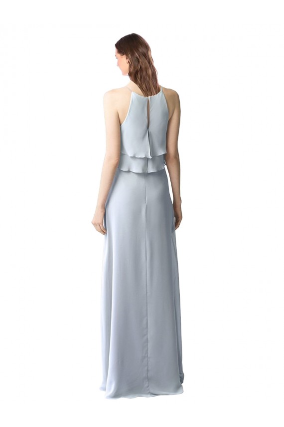 High Narrow Neck Long Chiffon Bridesmaid Dress with Tiered Ruffles for Sale