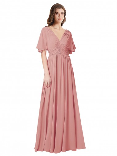 Flutter Sleeves Plunging V-Neck Boho Chiffon Bridesmaid Dress for Sale