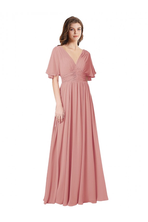 Flutter Sleeves Plunging V-Neck Boho Chiffon Bridesmaid Dress for Sale