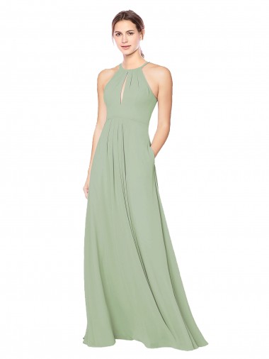 High Halter Neck Keyhole Chiffon Bridesmaid Dress for Sale