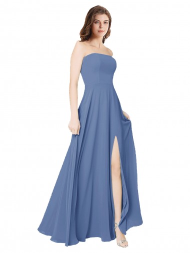Strapless Long Chiffon Bridesmaid Dress with Front Slit for Sale