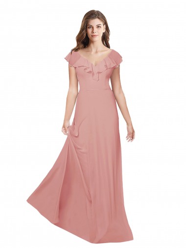 Flounced V Neckline Flutter Sleeves Chiffon Bridesmaid Dress for Sale