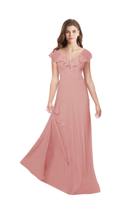 Flounced V Neckline Flutter Sleeves Chiffon Bridesmaid Dress for Sale