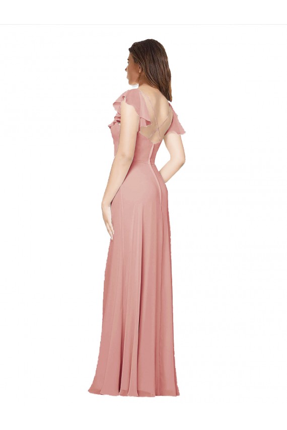 Flounced V Neckline Flutter Sleeves Chiffon Bridesmaid Dress for Sale