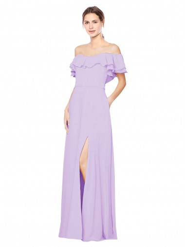 Ruffled Off the Shoulder Long Chiffon Bridesmaid Dress with Slit for Sale