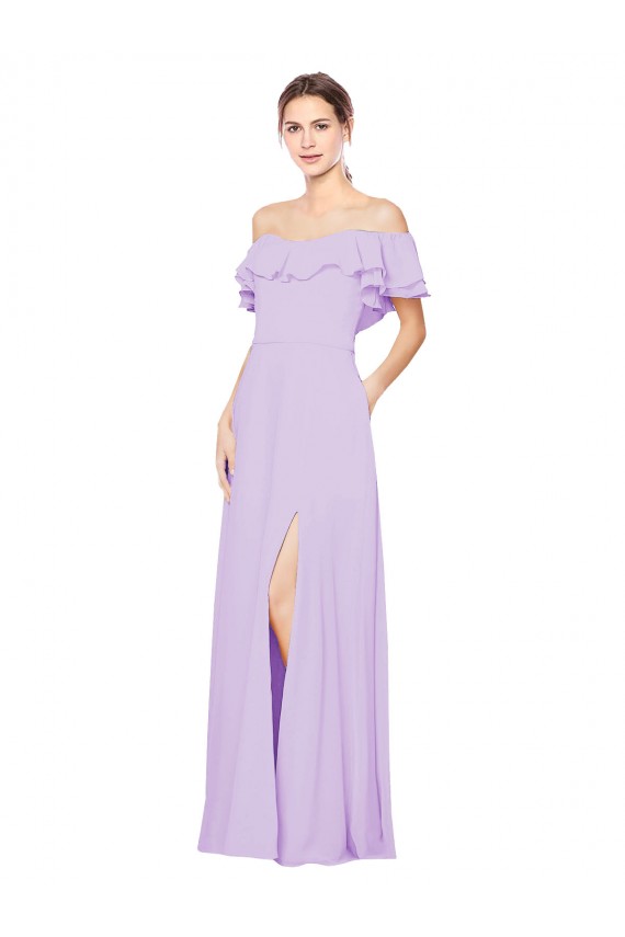 Ruffled Off the Shoulder Long Chiffon Bridesmaid Dress with Slit for Sale