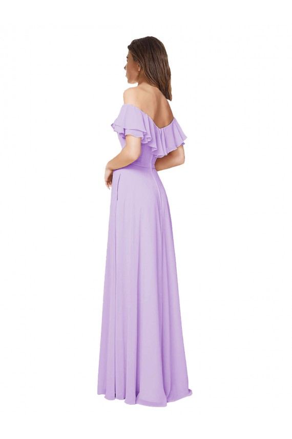 Ruffled Off the Shoulder Long Chiffon Bridesmaid Dress with Slit for Sale
