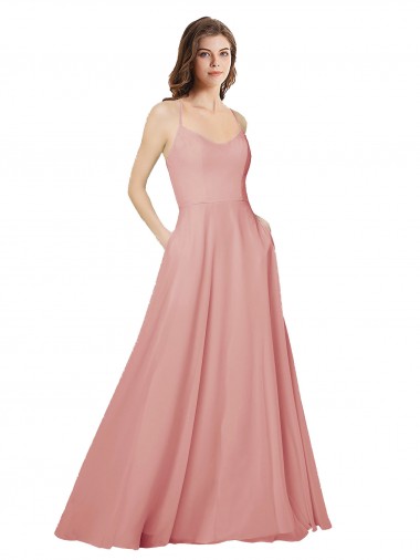 Open Back Wide Tie Band Long Chiffon Bridesmaid Dress with Pockets for Sale