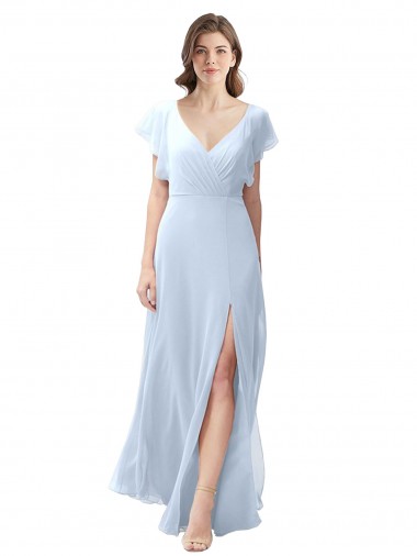 Flutter Sleeves Long Chiffon Bridesmaid Dress with Daring Open Back and Side Slit for Sale