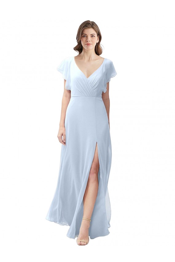 Flutter Sleeves Long Chiffon Bridesmaid Dress with Daring Open Back and Side Slit for Sale