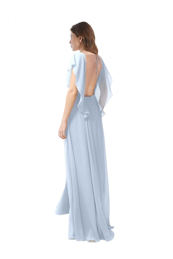 Flutter Sleeves Long Chiffon Bridesmaid Dress with Daring Open Back and Side Slit for Sale