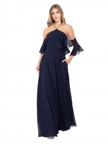 Halter Neck Cold Shoulder Flutter Sleeves Bridesmaid Dress for Sale