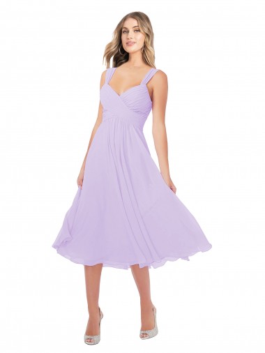 Draped Midi Length Chiffon Cocktail Bridesmaid Dress with Ruched Bodice for Sale