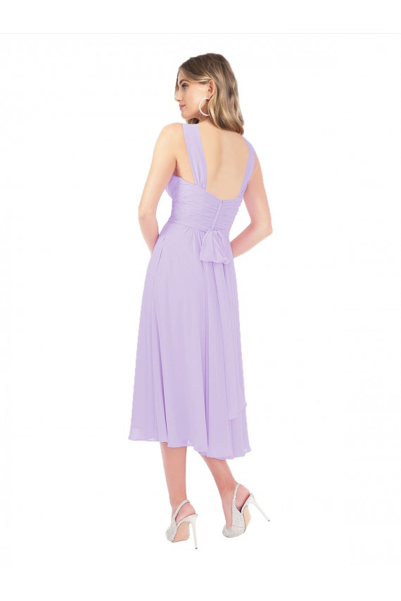Draped Midi Length Chiffon Cocktail Bridesmaid Dress with Ruched Bodice for Sale