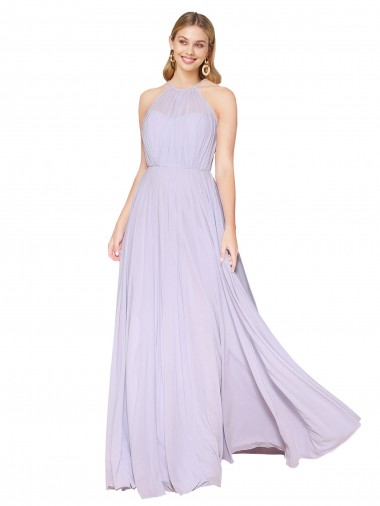 High Neck Halter Shirred Chiffon Bridesmaid Dress / Formal Prom Dress for Sale