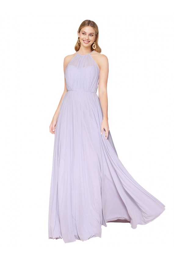 High Neck Halter Shirred Chiffon Bridesmaid Dress / Formal Prom Dress for Sale
