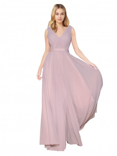 Draped V-Neck Long Chiffon Bridesmaid Dress / Formal Prom Dress with Shirred Bodice for Sale