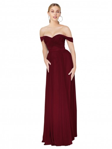 Shirred Sweetheat Neckline Off the Shoulder Long Chiffon Bridesmaid Dress / Formal Prom Dress for Sale
